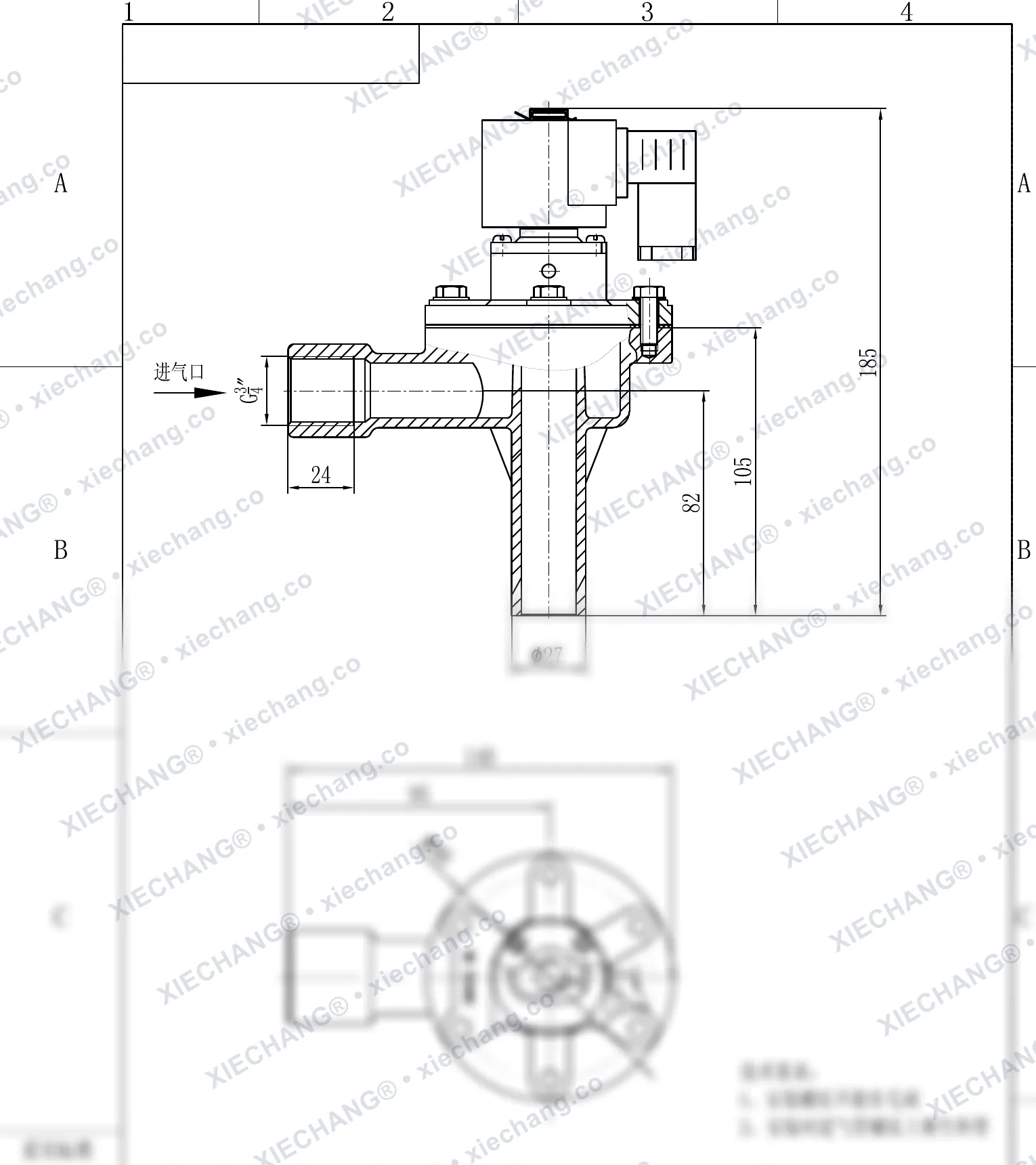 DCF-2L-B · 3/4" · válvula de pulso en ángulo recto (tipo B) — Plano de instalación