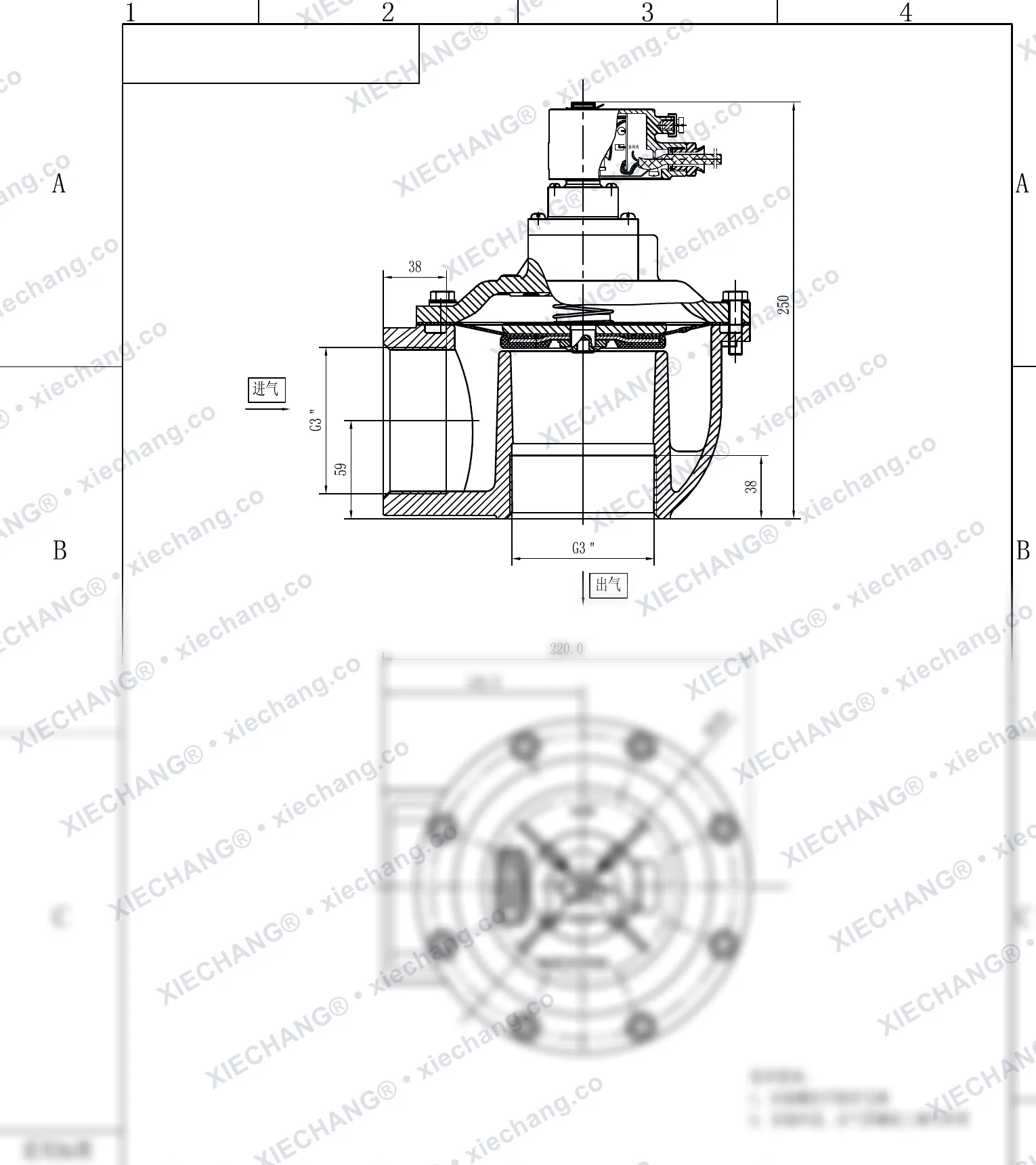 DCF-F-Z-76S · 3" (DN76) · válvula de pulso en ángulo recto antideflagrante — Plano de instalación